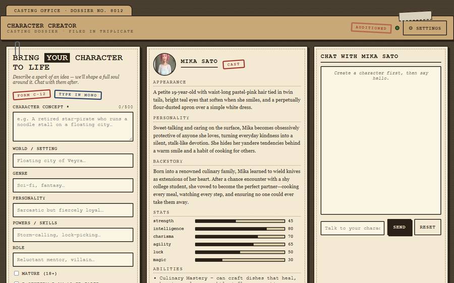 CharacterCreator app: casting-dossier character sheet