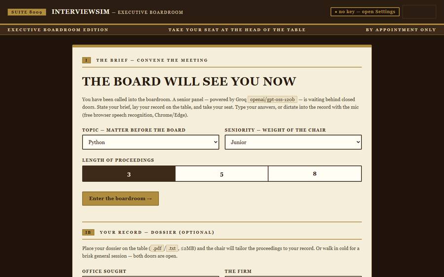 InterviewSim app: boardroom interview setup