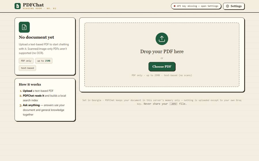 PDFChat app: reading-room PDF chat interface