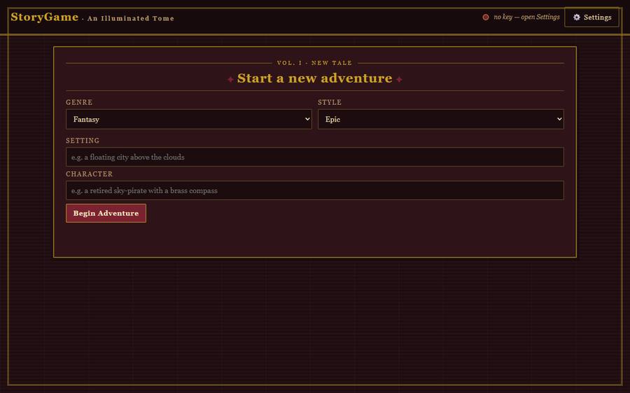 StoryGame app: illuminated-tome adventure