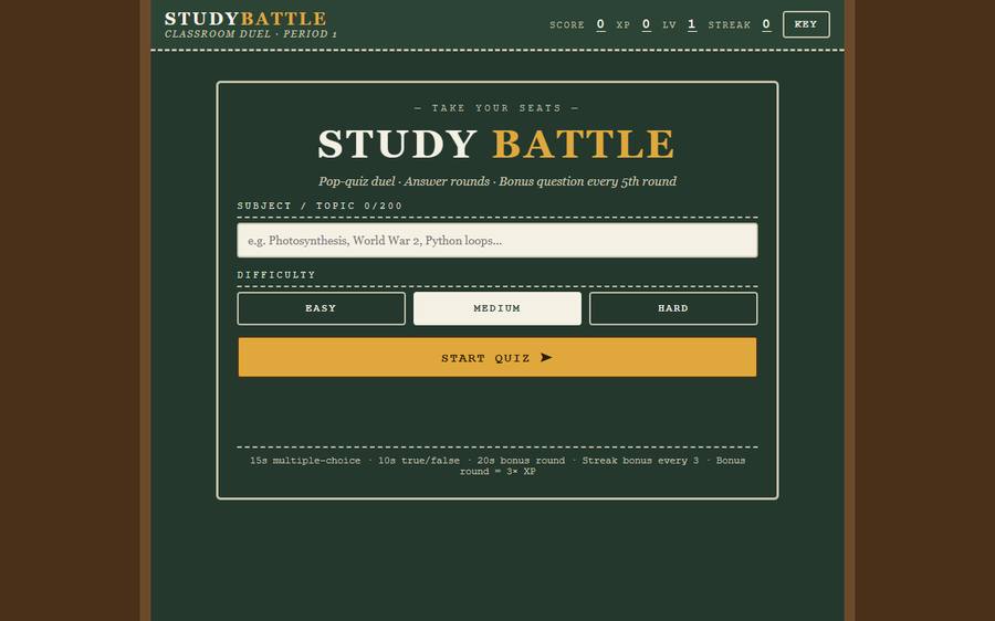 StudyBattle app: chalkboard quiz duel